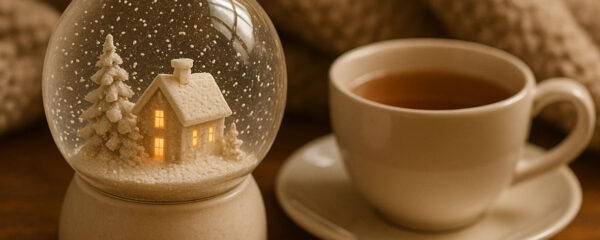 Boule à neige cosy avec tasse de thé et plaid