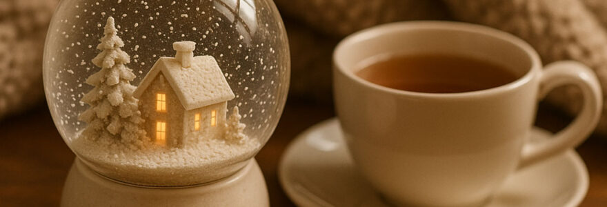 Boule à neige cosy avec tasse de thé et plaid