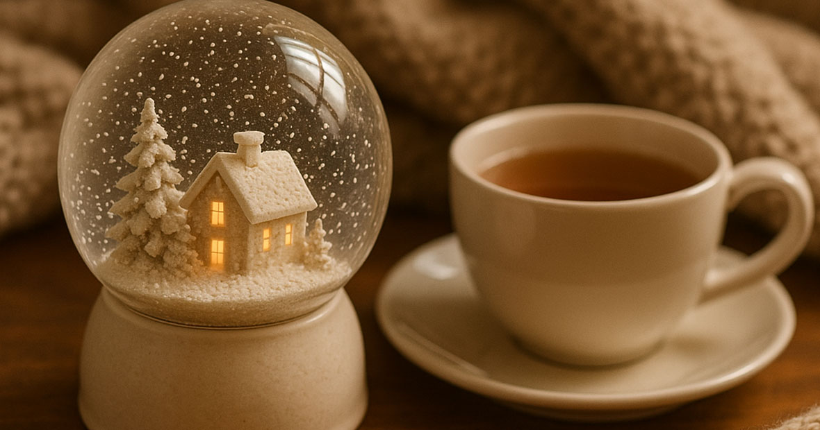 Boule à neige cosy avec tasse de thé et plaid