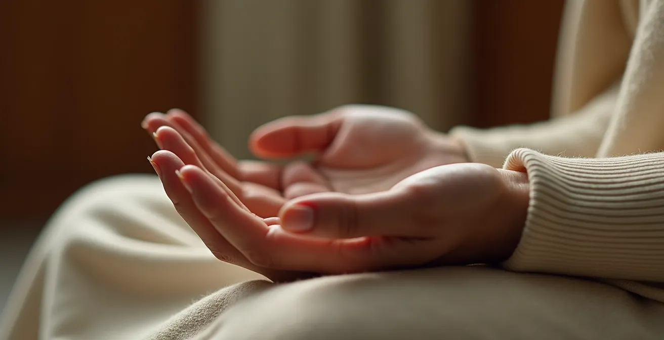 Gros plan sur les mains d'un acteur en position de méditation et concentration avant la scène