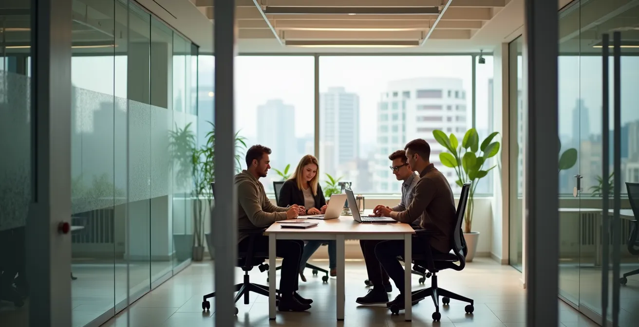 Scène montrant un bureau privé dans un espace de coworking avec entrepreneurs en réunion