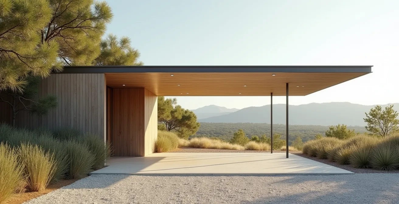 Carport contemporain intégré harmonieusement dans un environnement extérieur naturel avec végétation