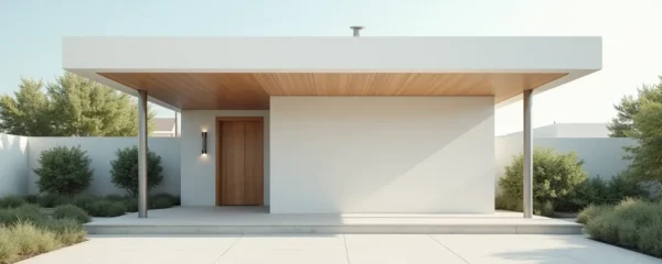 Vue architecturale d'un carport contemporain mettant en valeur différentes textures de matériaux construction