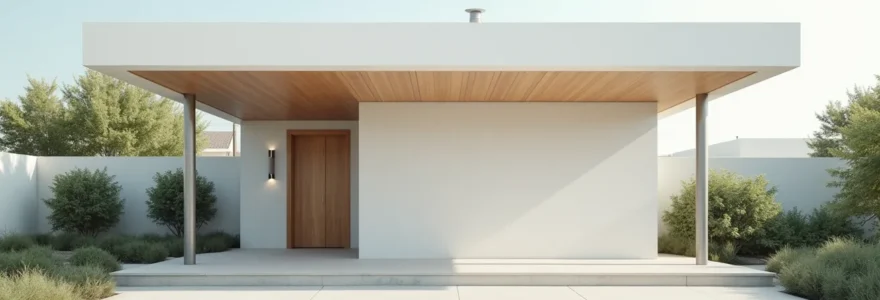 Vue architecturale d'un carport contemporain mettant en valeur différentes textures de matériaux construction