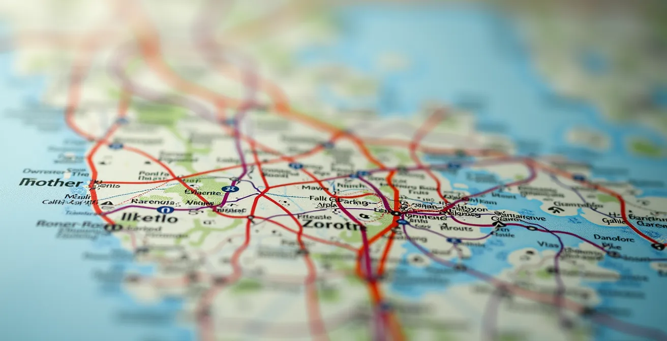 Vue macro d'une carte routière détaillée avec lignes de routes entrecroisées et textures de papier
