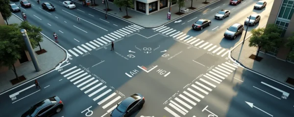 Vue aérienne d'une intersection urbaine avec véhicules en mouvement et espaces partagés, composition minimaliste en lumière naturelle