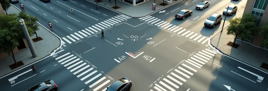 Vue aérienne d'une intersection urbaine avec véhicules en mouvement et espaces partagés, composition minimaliste en lumière naturelle
