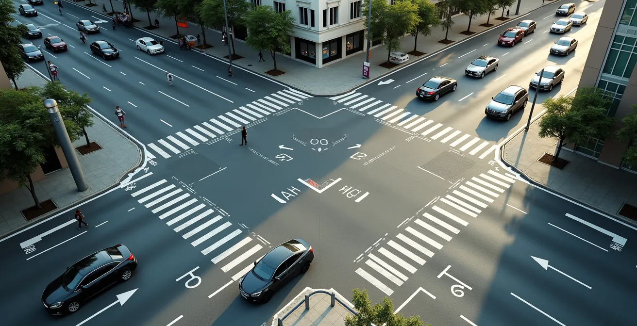 Vue aérienne d'une intersection urbaine avec véhicules en mouvement et espaces partagés, composition minimaliste en lumière naturelle