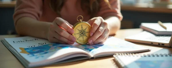 Étudiante réfléchissant à son choix de prépa médecine avec des documents d'orientation