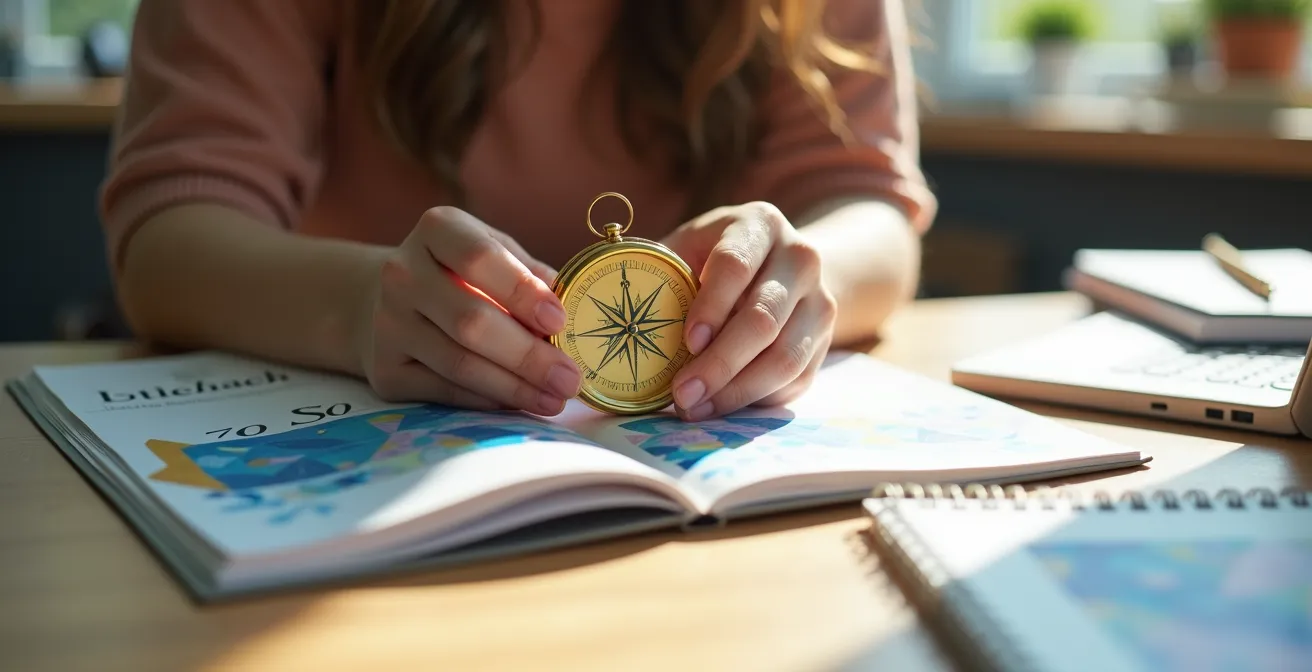Étudiante réfléchissant à son choix de prépa médecine avec des documents d'orientation