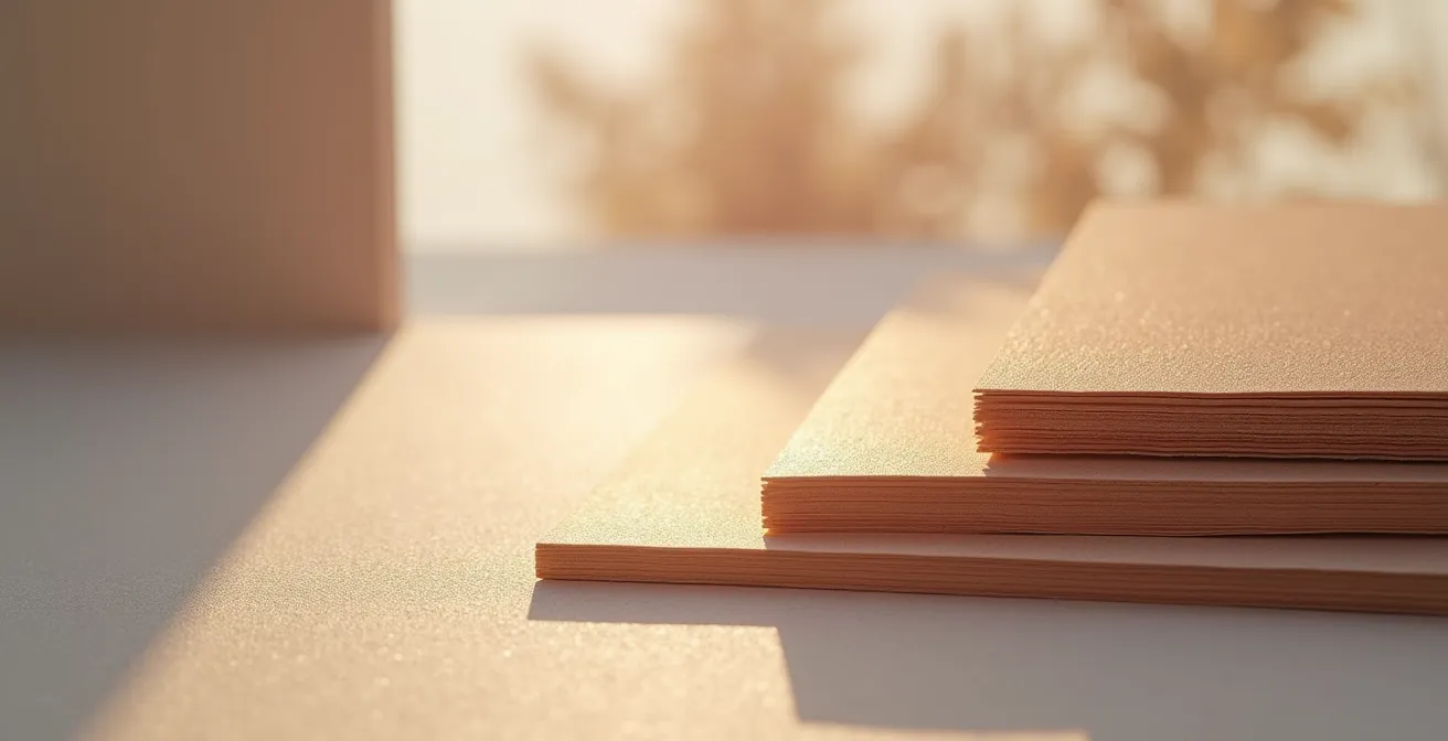 Détail de matériaux premium : texture fine de papier de qualité, reflets subtils, gradients naturels symbolisant la confiance et le professionnalisme