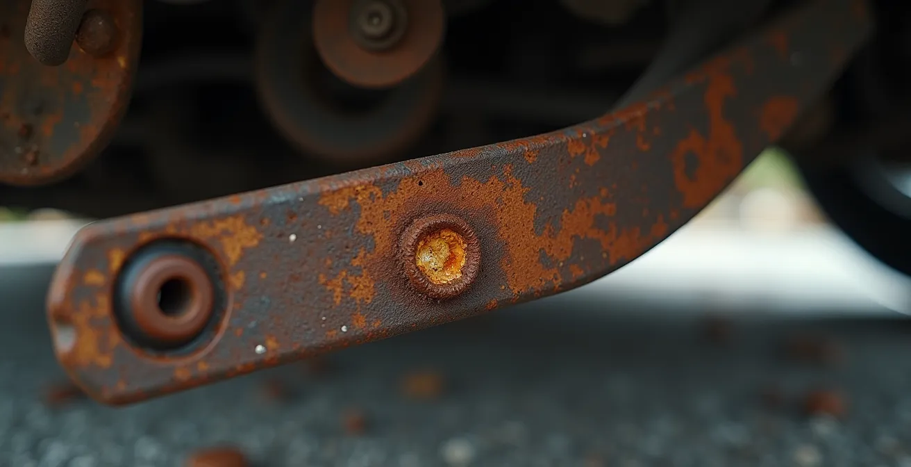 Gros plan réaliste sur un soubassement de Dacia montrant des signes de corrosion localisée, illustrant un point critique de vérification