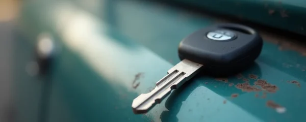 Photographie réaliste d'une main tenant une clé de voiture posée sur une carrosserie de Dacia usagée mais bien entretenue, mettant en valeur la robustesse du véhicule