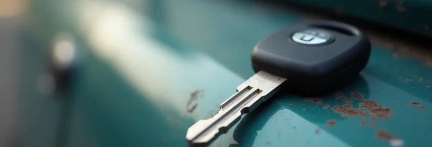 Photographie réaliste d'une main tenant une clé de voiture posée sur une carrosserie de Dacia usagée mais bien entretenue, mettant en valeur la robustesse du véhicule