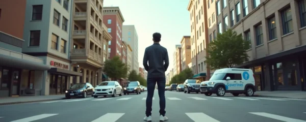 Scène réaliste illustrant le dilemme entre garder sa voiture personnelle ou passer à l'autopartage, mise en scène épurée, aucun élément lisible