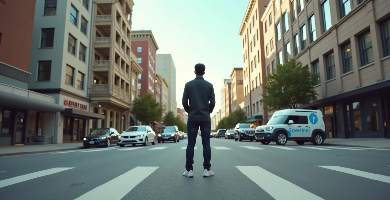 Scène réaliste illustrant le dilemme entre garder sa voiture personnelle ou passer à l'autopartage, mise en scène épurée, aucun élément lisible