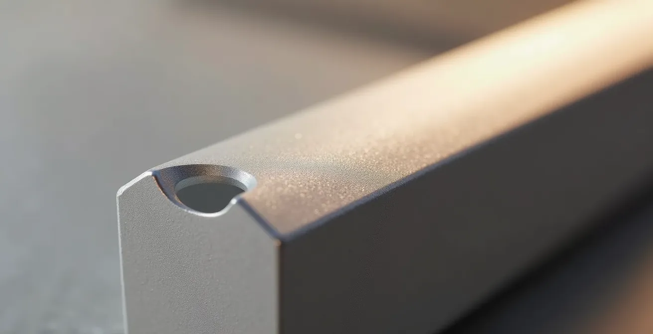 Gros plan sur la texture d'un profilé d'aluminium thermolaqué révélant finesse de la surface et qualité de finition