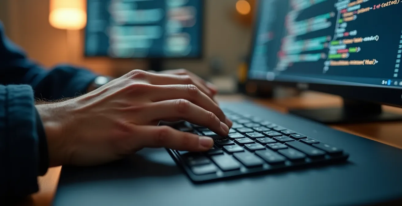 Mains d'une personne travaillant sur un ordinateur, interface confuse et textures complexes de code en arrière-plan légèrement flou
