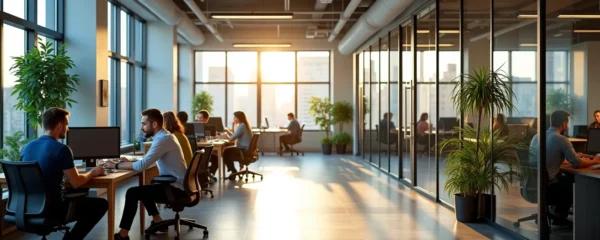 Vue d'un espace de bureau en coworking moderne avec entrepreneurs collaborant et espaces privés