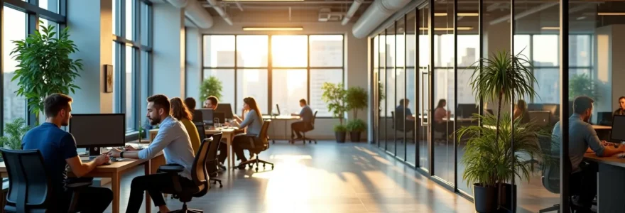 Vue d'un espace de bureau en coworking moderne avec entrepreneurs collaborant et espaces privés