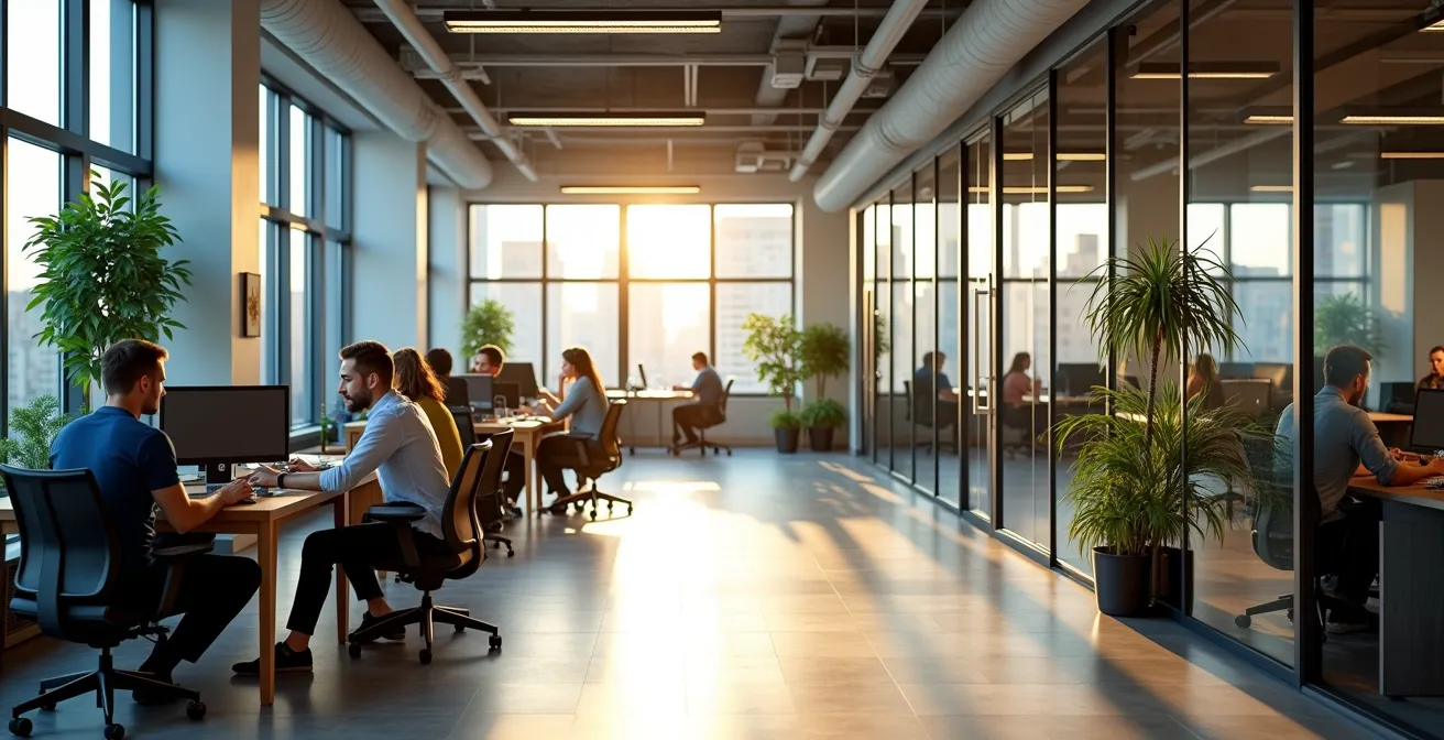 Vue d'un espace de bureau en coworking moderne avec entrepreneurs collaborant et espaces privés