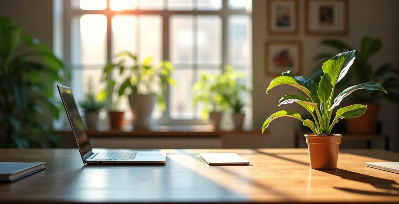Photographie montrant un environnement de travail zen et organisé dans un bureau privé