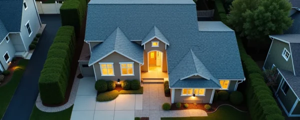 Maison vue d'en haut montrant les points d'entrée stratégiques et les angles de couverture optimaux pour les caméras de surveillance