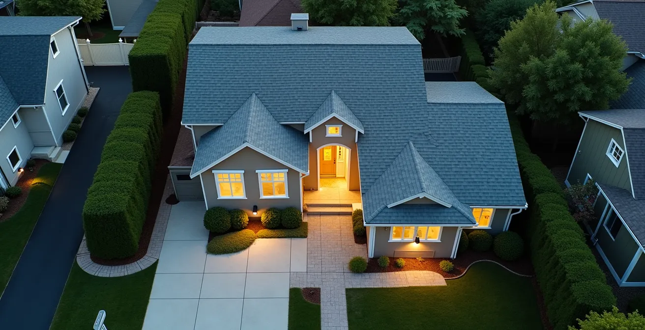Maison vue d'en haut montrant les points d'entrée stratégiques et les angles de couverture optimaux pour les caméras de surveillance