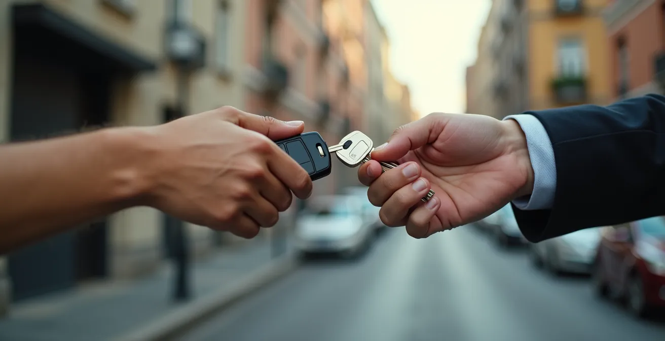 Gros plan sur des mains échangeant un trousseau de clés de voiture dans un environnement urbain lumineux