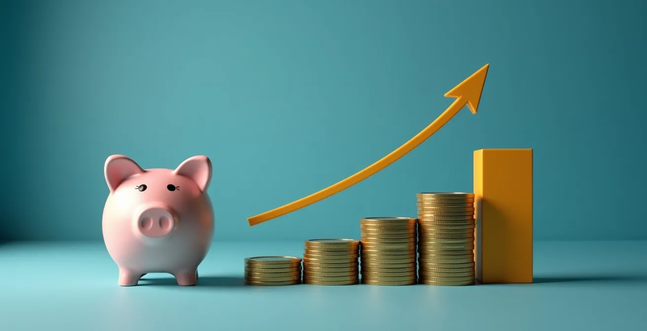 Illustration symbolique représentant l'optimisation de l'épargne avec des objets financiers stylisés