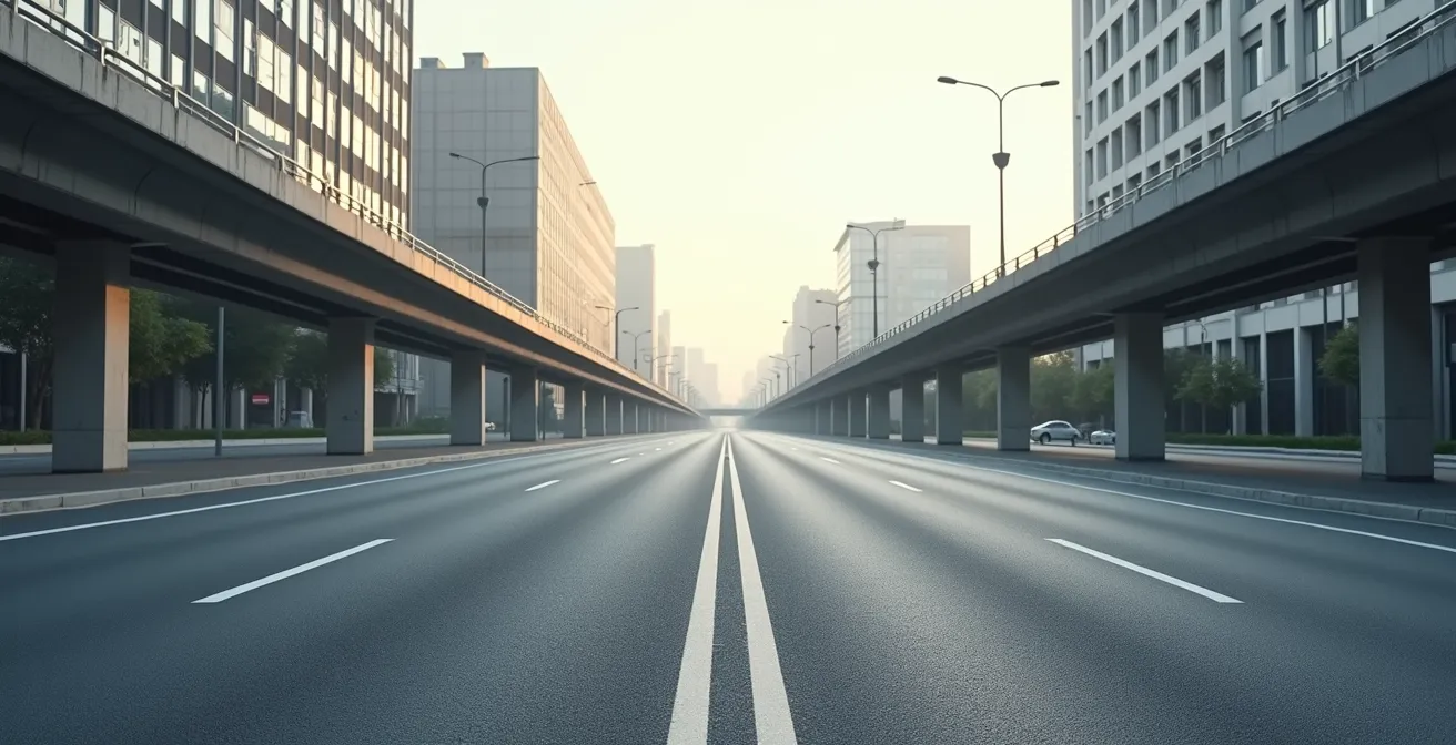 Route vue en perspective avec environnement urbain épuré et composition minimaliste en lumière naturelle
