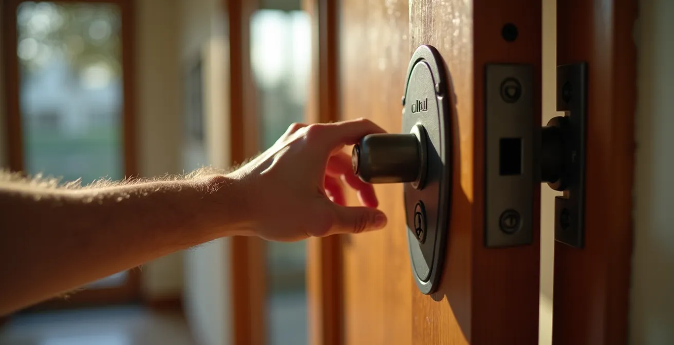 Vue rapprochée d'une serrure de porte d'entrée montrant les détails de vulnérabilité et les points d'ancrage pour un système de sécurité