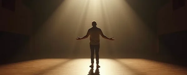 Acteur sur scène dans un espace théâtral minimaliste baigné de lumière naturelle