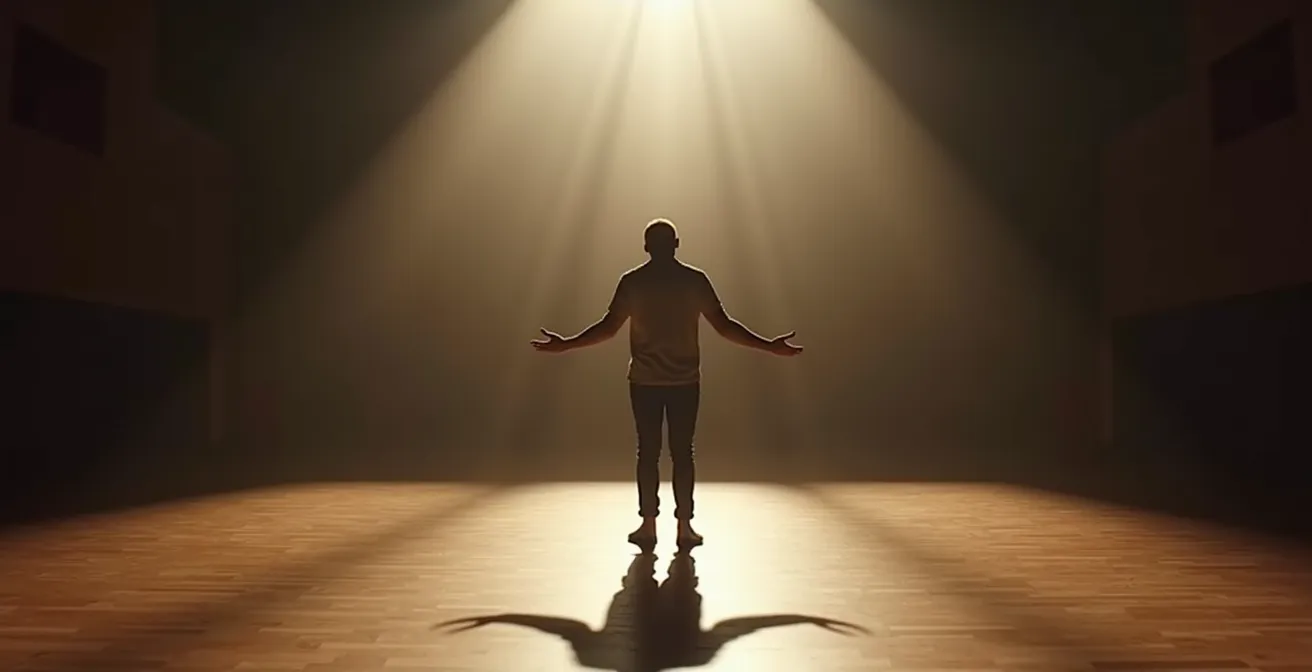 Acteur sur scène dans un espace théâtral minimaliste baigné de lumière naturelle