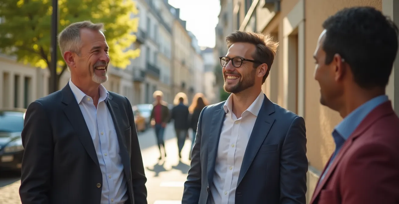 Agent immobilier local discutant avec des résidents dans une rue de quartier