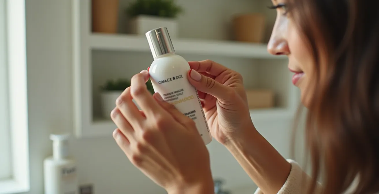 Main tenant une bouteille de shampoing avec mise au point sur la texture du produit