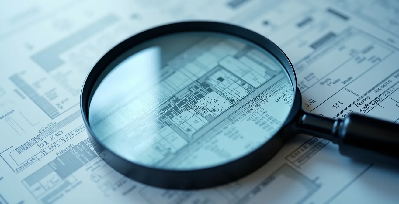 Représentation symbolique d'une loupe inspectant une surface de circuit imprimé ou données abstraites, métaphore de la validation technique et conformité