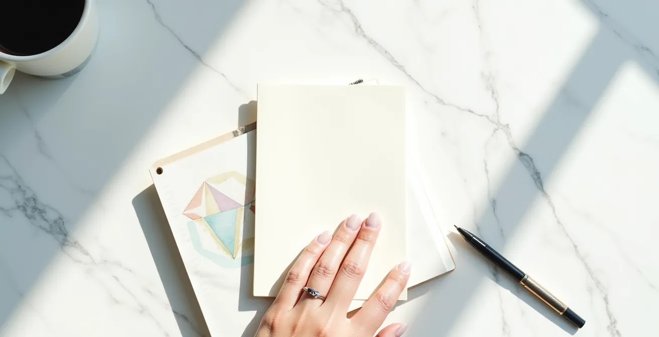 Carnet de suivi capillaire ouvert sur bureau avec stylo