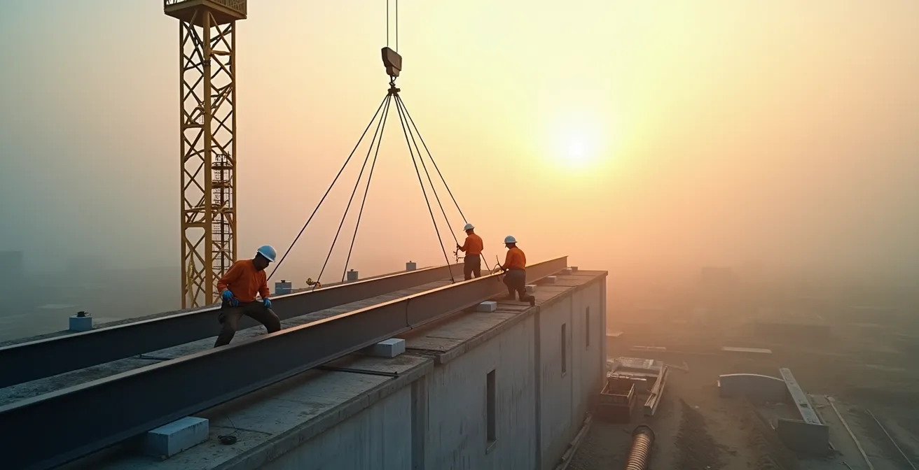 Installation d'une structure métallique sur un chantier avec grue et ouvriers