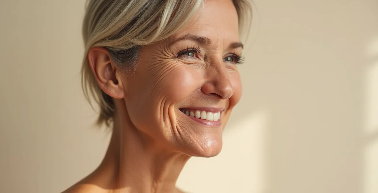 Profil d'une femme avec lumière douce révélant la texture naturelle de sa peau
