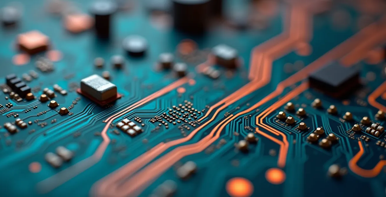 Vue macro d'un circuit imprimé montrant la complexité des connexions électriques