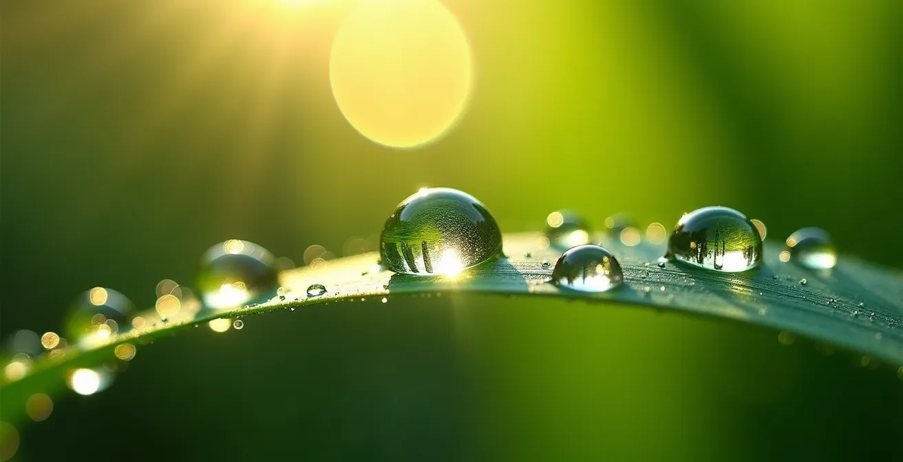 Gros plan sur des gouttes de rosée scintillantes sur une feuille verte