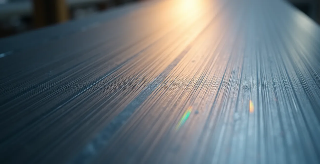 Gros plan sur la texture d'une surface en acier brossé avec reflets lumineux