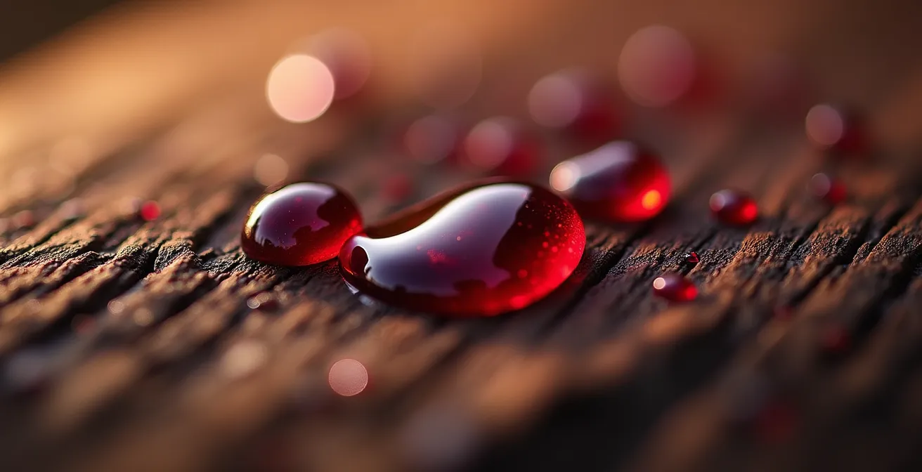 Détail macro de gouttes de vin rouge sur surface en bois