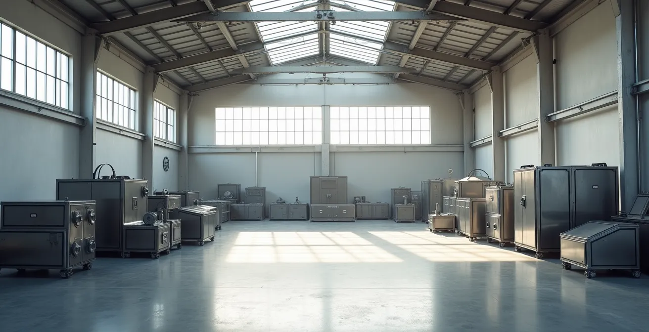 Atelier industriel épuré avec jeux de lumière naturelle sur surfaces métalliques