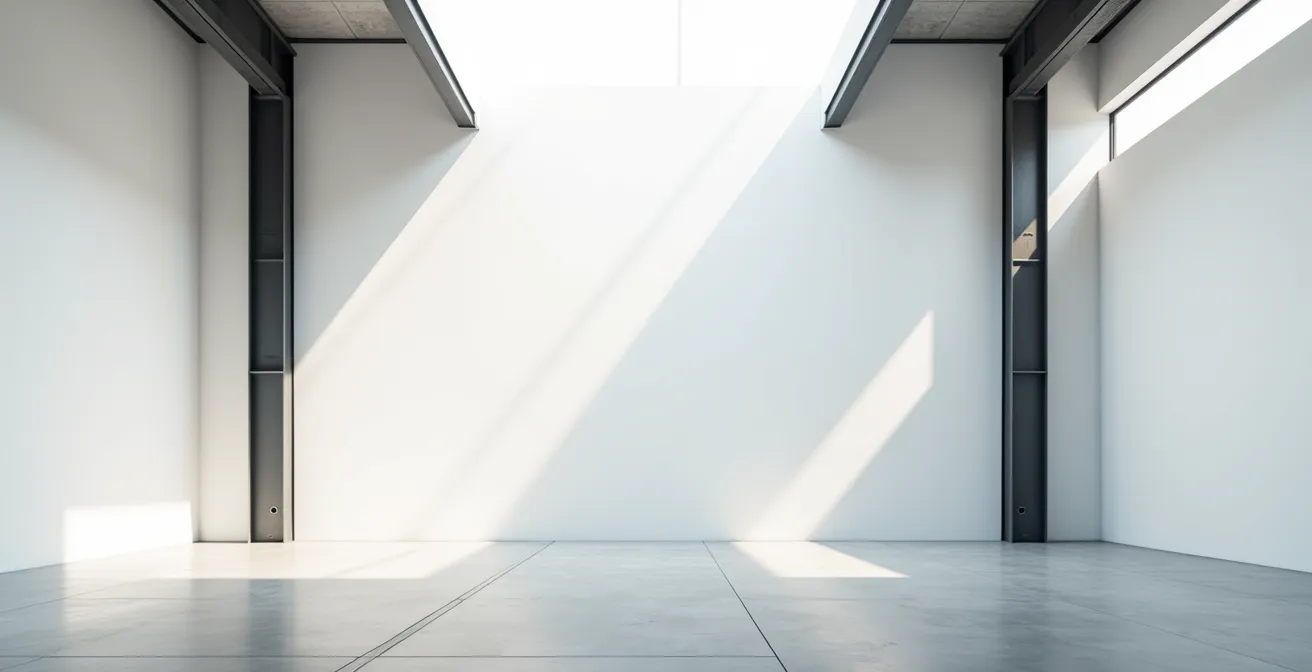 Vue en perspective d'un espace intérieur minimaliste avec structure métallique apparente