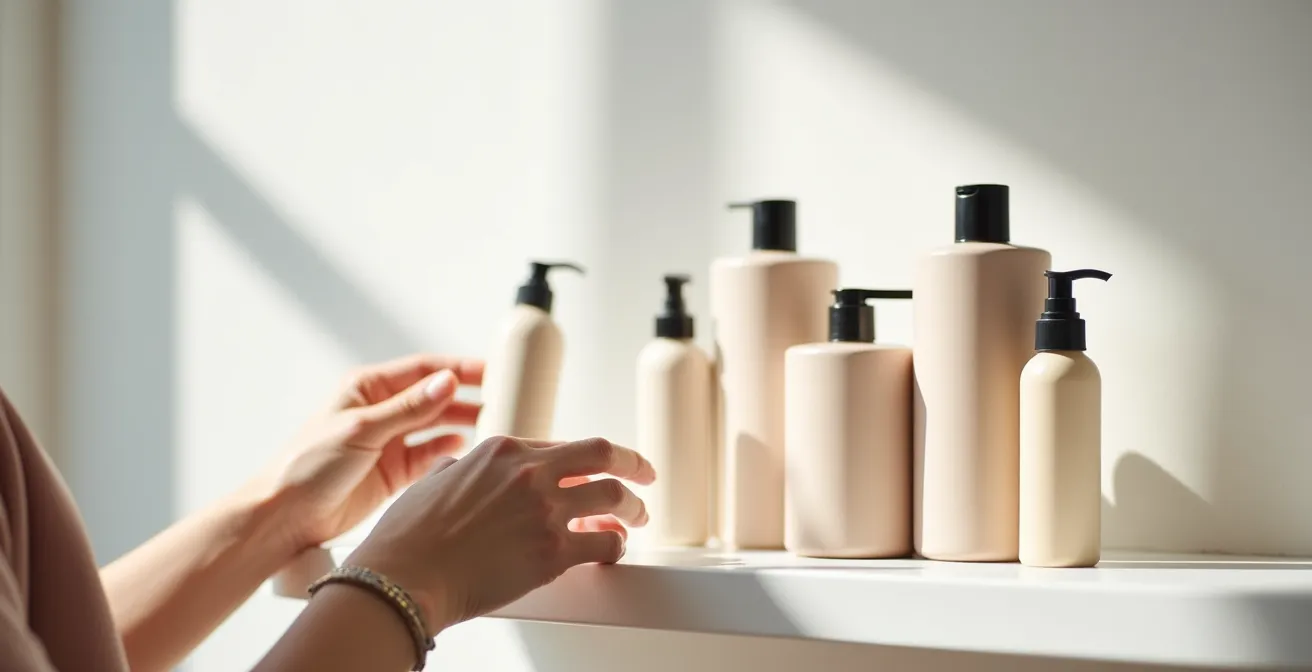 Mains arrangeant différents produits capillaires sur une étagère