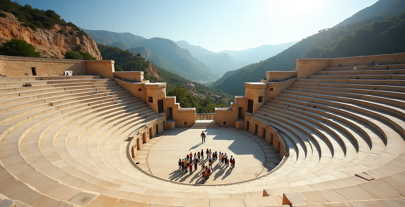 Vue large d'un groupe de voyageurs écoutant attentivement un conférencier dans un théâtre antique grec