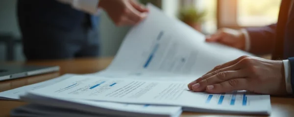 Cadre éditorial montrant un professionnel examinant des supports d'impression haut de gamme et comparant la qualité matérielle avec écran numérique