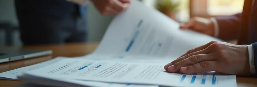 Cadre éditorial montrant un professionnel examinant des supports d'impression haut de gamme et comparant la qualité matérielle avec écran numérique